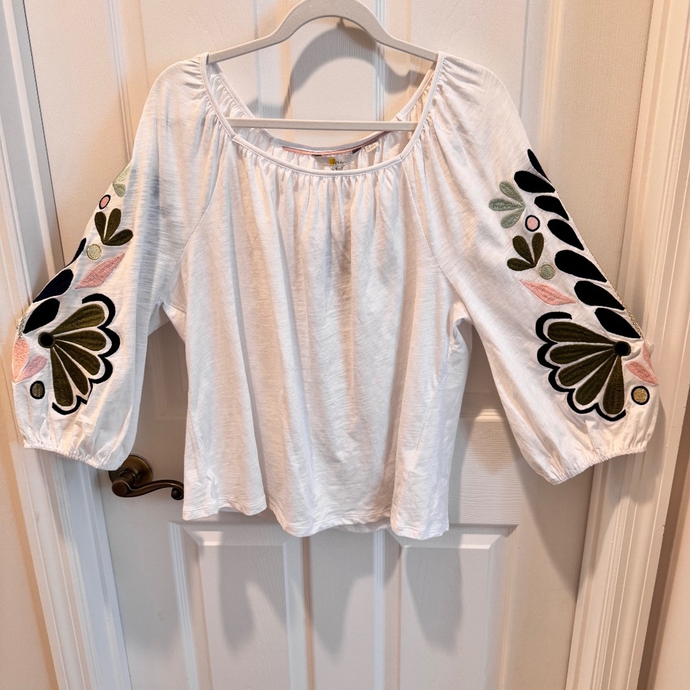 Boden Bohemian Embroidered Top, White, Green, Pink, Blue, Size 16/18
